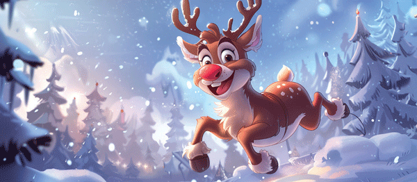 Cartoon Rudolph the Red-Nosed Reindeer in a Winter Wonderland